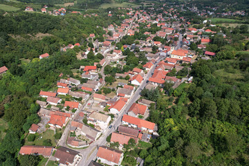 Drone view of Beochin village on sunny summer day. Serbia.