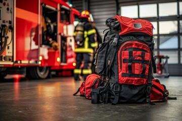 Obraz premium A red and black backpack is laying on the floor next to a fire truck generated by AI