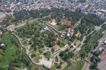 Aerial view of Belgrade fortress, Kelemegdan Park and Belgrade on sunny summer day. Serbia.