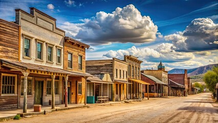 Wide side view of a rustic antique Western town with various businesses, Western, town, antique, rustic, buildings