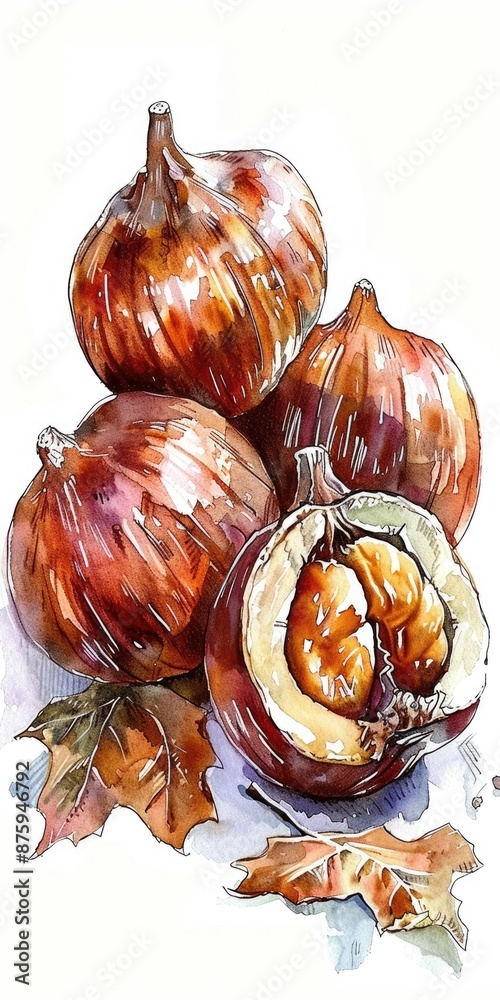 Sticker Hand-Drawn Watercolor Illustration of Delicious Roasted Chestnuts with Candied Sweet Coating