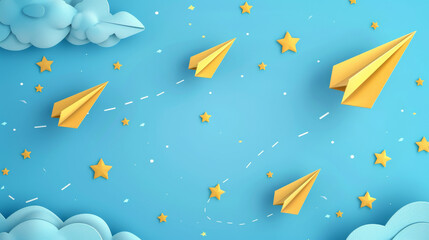 School Notebook Background with Flying Yellow Paper Airplanes
