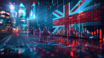 Double exposure of UK flag with stock market trading chart