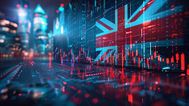 Double exposure of UK flag with stock market trading chart