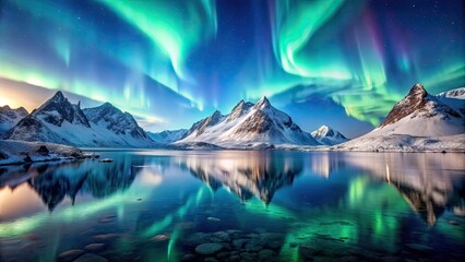 Snow covered mountains with magical northern lights reflecting off the water, snow, mountains, arctic, north, rocky, aurora