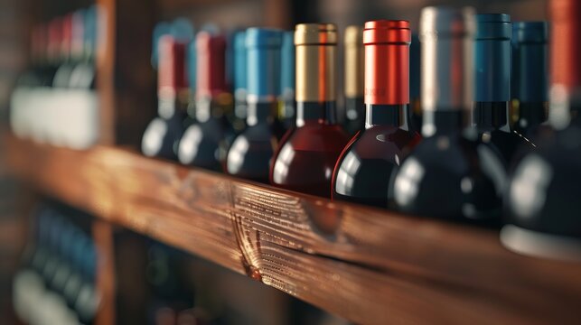 Close-up of assorted wine bottles with colorful caps lined up on a wooden shelf in a rustic wine cellar. Perfect for beverage-related stock photos.