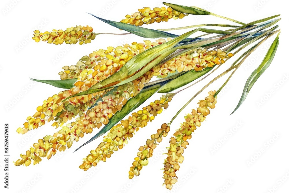 Wall mural Hand-Drawn Yellow Millet Grains with Ears. Watercolor Illustration on White background