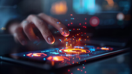 Futuristic touchscreen tablet interface with glowing holographic elements, illustrating advanced technology and digital interactivity.