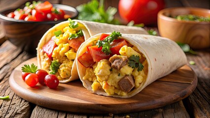 Savory breakfast burrito with scrambled eggs, cheese, sausage, and salsa , breakfast, burrito, scrambled eggs, cheese, sausage