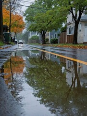 Obraz premium Rainy Day Reflection: The street just after a light rain, capturing the reflections of the small houses and fences in the puddles on the ground.