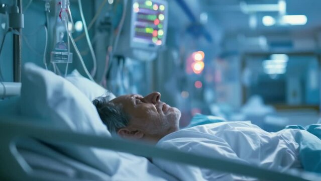 In Hospital Senior Patient Rest, Lying on Bed and sleep. Recovering Man in Hospital Ward. Old sick grandfather. Aged male patient feel bad.