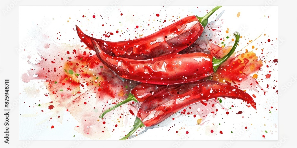 Poster Red Hot Chili Peppers. Hand Drawn Watercolor Illustration of Organic Spices in Mexican Cuisine