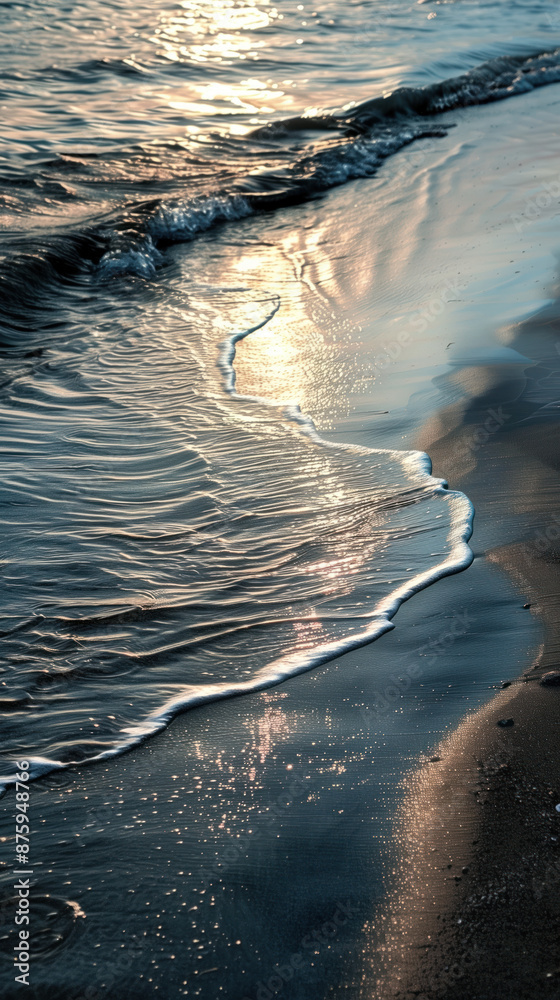 Poster ocean waves on the edge of a sandy shore line. background image. created with generative ai technolo