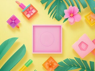 Rectangle colorful frame with leaves on each side, palm leaves, for promotional products or banners and photo or text covers, background 3d rendering