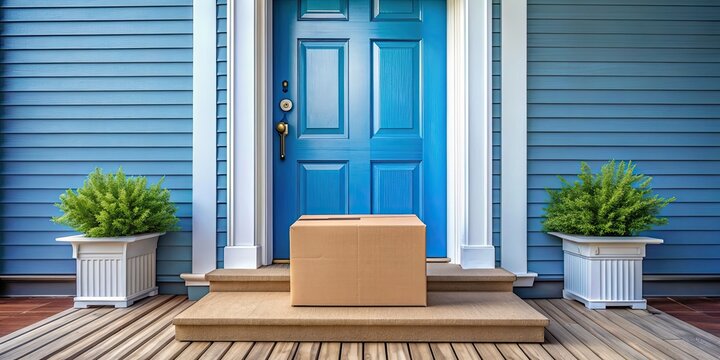 Package delivery on blue porch front door symbolizing online shopping and e-commerce convenience, online shopping