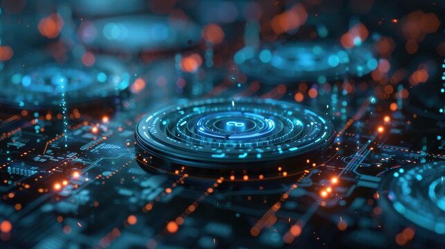 Futuristic Quantum Computing Visualization with Holographic Cryptocurrency Icons on a Sleek Technology Background