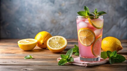 Refreshing pink lemonade in a clear glass with lemon slices and mint sprigs , summer, drink, beverage, citrus, pink
