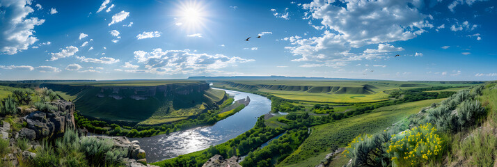 Aerial View of Serene Landscape at Its Zenith with Rolling Hills, River, and Soaring Birds Reflecting Natural Beauty