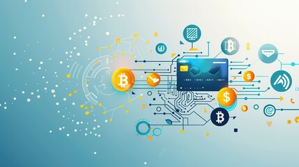 Obraz premium Digital Currency Technology Concept with Abstract Icons on Light Blue Background