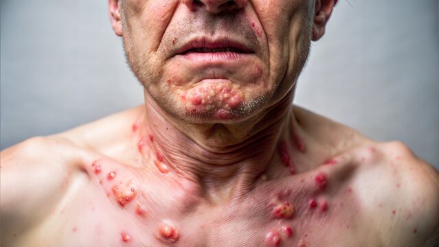 hyper realistic close-up of a man's body, covered in festering sores, a sense of pain and disgust.