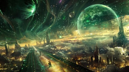 Fototapeta premium Futuristic Cityscape with a Giant Green Planet