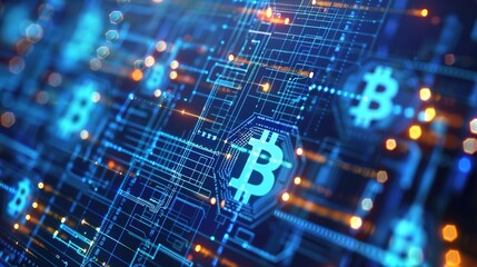 Fototapeta premium Digital Blockchain Security: Abstract Graphics of Virtual Currency Symbols on Blue Tech Background