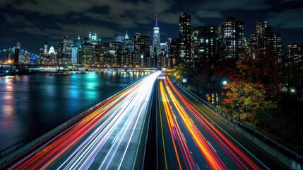Obraz premium City Lights Over Fast Lane at Night