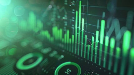 Fototapeta premium Vibrant Green Gradient Background with Circular Graphs Showing Statistical Data Visualization