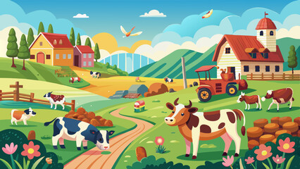 A charming painting of idyllic cows in a picturesque countryside setting, enveloped in a warm and welcoming atmosphere vector illustration