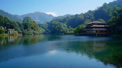 Fototapeta premium Pavilion by the lake in the mountains