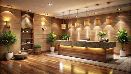 Warm and inviting spa reception area with earthy tones , spa, reception, warm, inviting, relaxation, calm, peaceful