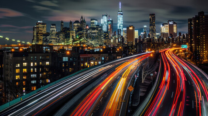 Obraz premium City Night Lights: Dynamic Traffic and Illuminated Skyline