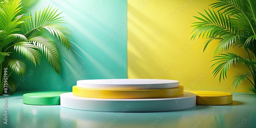 Canvas Prints Vibrant podium display with a summery background, yellow, podium, product,summer, display, vibrant, colorful, trendy