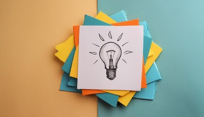 Top view of a blank white paper sheet with a sketch of a lightbulb, symbolizing ideas.