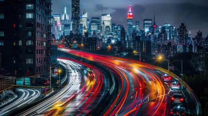 Fototapeta premium Nighttime City Lights and Freeway Traffic. A stunning nighttime cityscape featuring illuminated skyscrapers and dynamic light trails from cars on a freeway.night