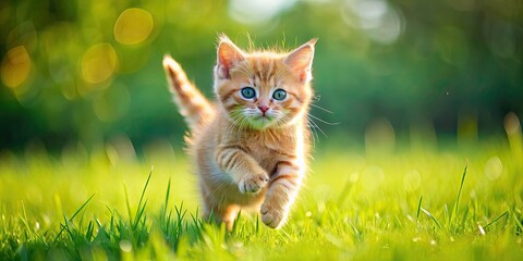 Playful red kitten running and jumping happily in a green meadow, kitten, red, playful, running, jumping, happy, meadow, green, grass