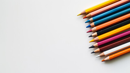 Aesthetic white background with colorful pencils. Copy space. Education projects template. Generative AI