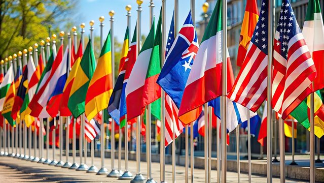 Various colorful flags of countries displayed in a row at an international event, flags, countries, national, symbol