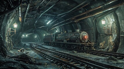 Obraz premium Underworld mining tube containing trains and lamps very detailed and realistic shape