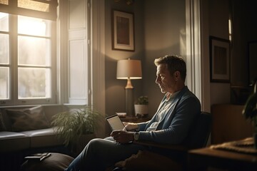 Fototapeta premium A middle aged caucasian man sitting in sofa and using tablet.
