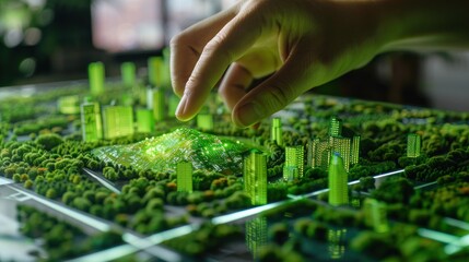 Obraz premium Hand Interacting with a Green City Model