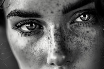 Fototapeta premium A close-up black and white photograph of a person's freckled face, focusing on the eyes with an intense gaze.