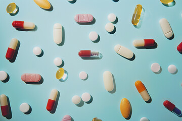 Various pills scattered on a light blue surface, illustrating the diversity in pharmaceuticals and medication.