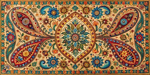 Traditional Persian paisley pattern painting in colorful ink, Persian, traditional, paisley, pattern, painting, colorful, ink