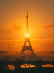 Eiffel Tower Silhouette at Sunrise in Paris