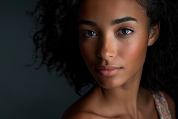 Fototapeta premium Beautiful young woman with freckles posing on dark background