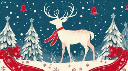 Holiday themed design with red ribbon white deer tree and bells