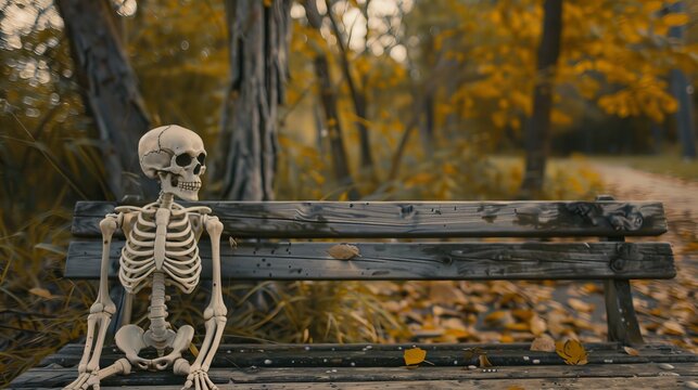 Waiting concept. A human skeleton sits on a bench in the park, endlessly waiting for true love.