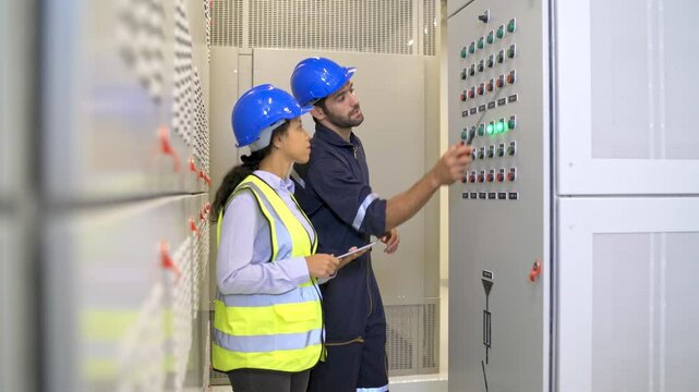 Two engineer or technician worker discuss about electrical panel in the construction site to maintenence and fix the problem together.
