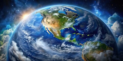 Planet Earth viewed from space showing continents, oceans, and clouds, Earth, planet, world, globe, space, continents